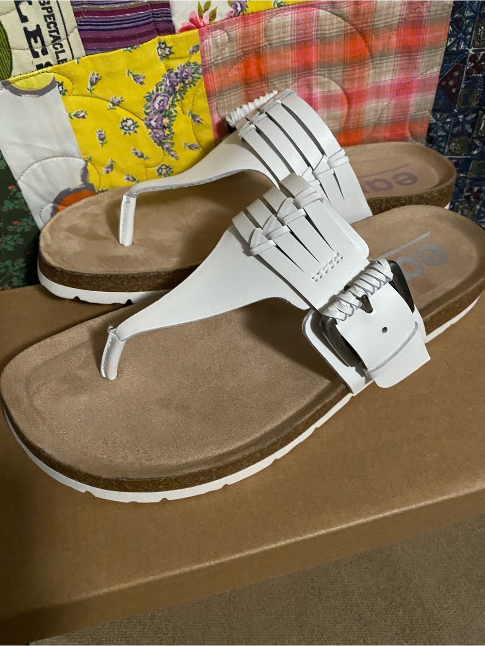 Earth Origins White Leather Thong Sandal with Buckle Accent